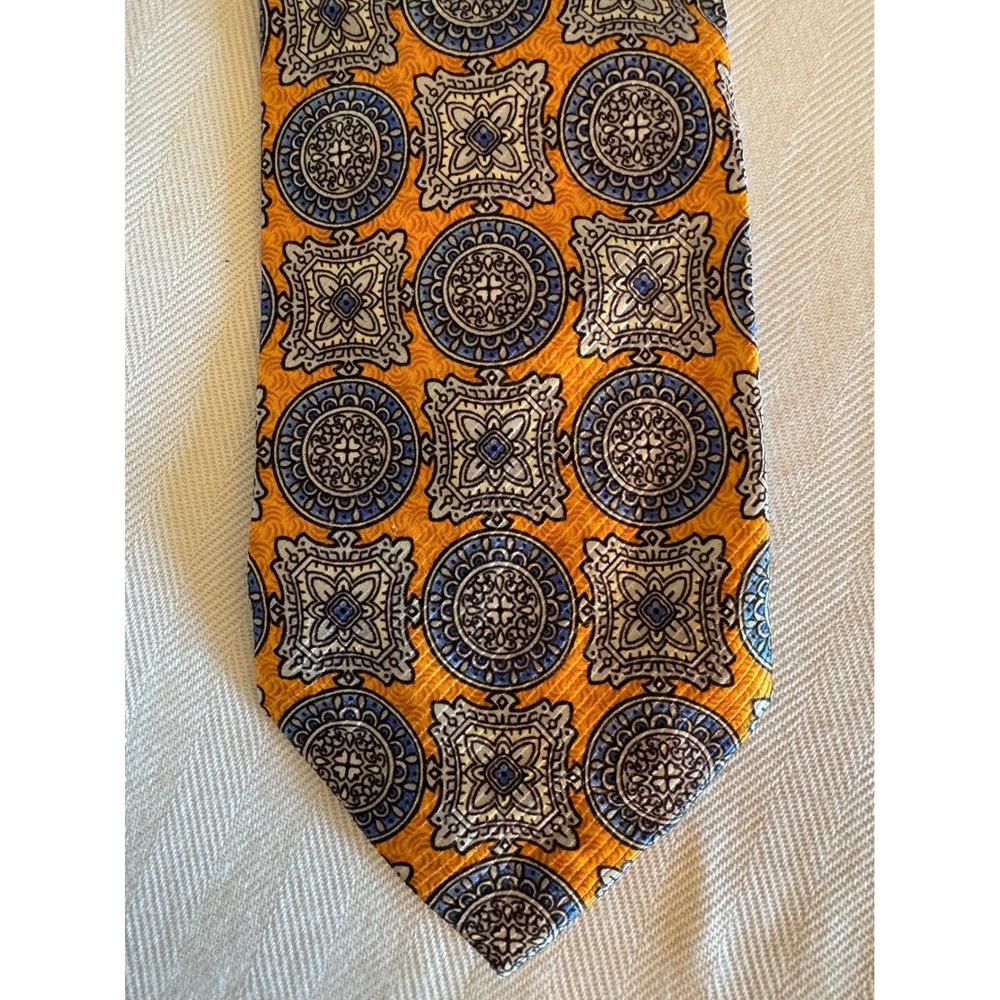 Seven Fold Silk Tie Gold Blue Medallion Limited Edition Robert Talbott Carmel